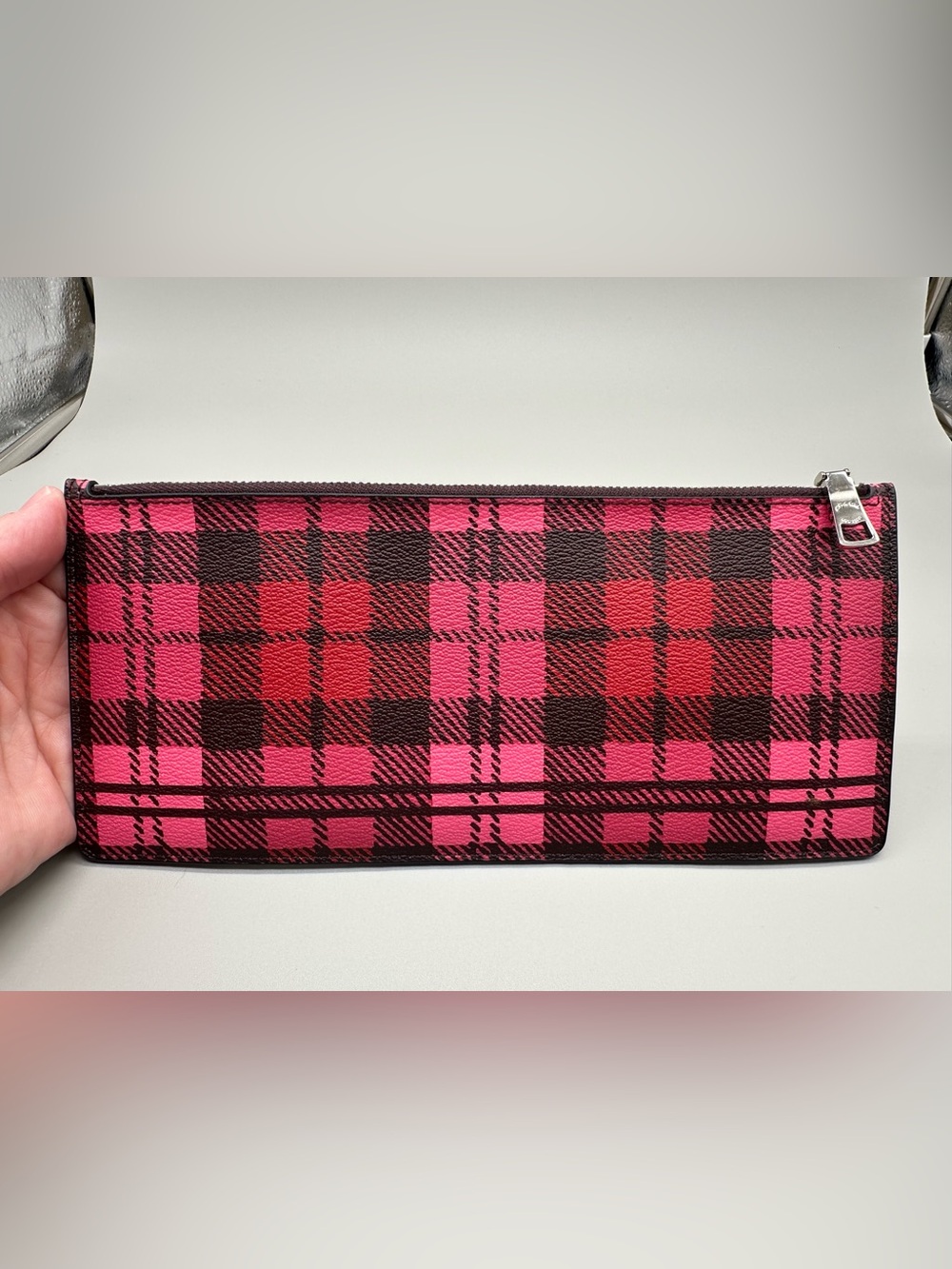 Coach Pink and Brown Plaid Zip Pouch with Silver Hardware